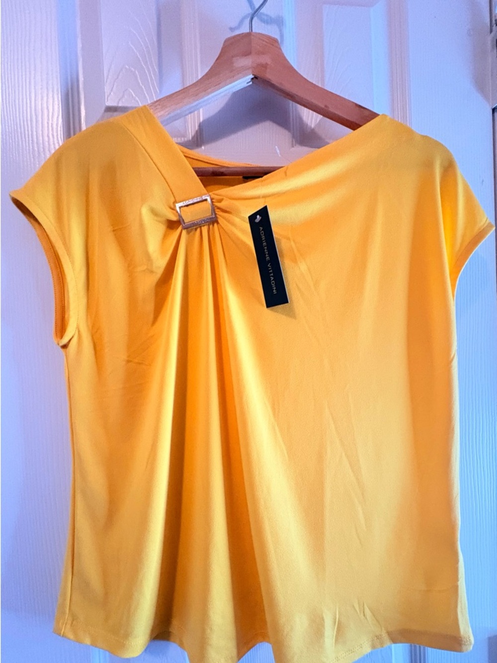 Adrienne Vittadini Yellow Short Sleeve Buckle Drape Top
